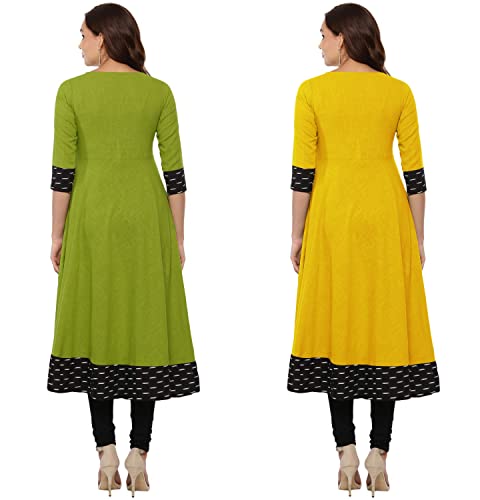 Image of NATEK Plain Cotton Daily Use Anarkali Top Kurtas for Girls Women - Combo Packs of 2 Mehandi, Yellow Colour Large Size