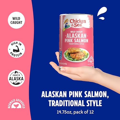 Image of Chicken of the Sea Traditional Style Alaskan Pink Canned Salmon, 14.75 Ounce Cans, 12-Count - High Protein Lean Wild Caught Salmon - Delicious, Nutritious Wild Salmon for Burgers, Pasta, & More