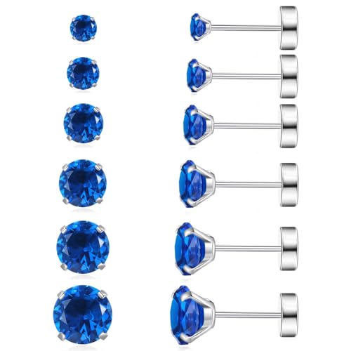 6 Pairs Surgical Steel Flat Back Earrings | CZ Stud Set，Flatback-Royal blue