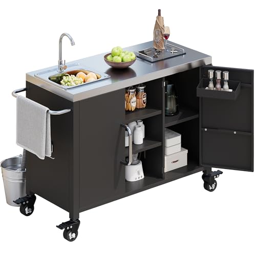 Outdoor Kitchen Island with Sink and Lockable Wheels