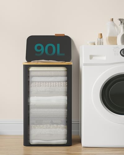 SONGMICS Kosz na pranie 90 l Kosz na pranie z pokrywką Składany, odpinany worek na pranie Tkanina Oxford Tkanina bambusowa Uchwyt składany 42 x 32 x 70,5 cm Atramentowy czarny LCB509B01