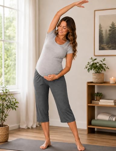 Joyaria Bambus Viskose Capri Umstandshose Damen Schwangerschaftshose Schwangerschafts Umstands Jogginghose Maternity Pants (Dunkelgrau, XL)