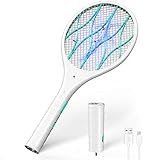 CONOPU Elektrische Fliegenklatsche, 4000V Insektenvernichter elektrisch, USB Fliegenfänger mit LED Licht und Abnehmbarer Taschenlampe, Doppelte Schichten Mesh Schutz, für Drinnen und Draußen(weiß)