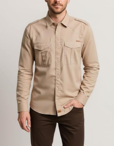 ROCK-IT Apparel Chemise à Manches Longues pour Hommes - 100% Coton - avec épaulettes - pour Le Travail et Les Loisirs - avec Fermeture à Boutons [S-5XL] Tailles régulières Beige 5X-Large – vue 2