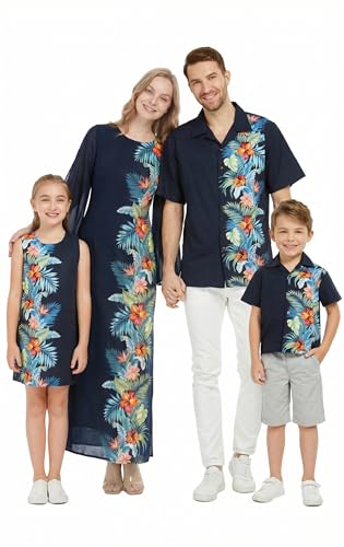 Image of Matchable Family Hawaiian Luau Men Women Girl Boy Clothes in Orchid Paradise Navy
