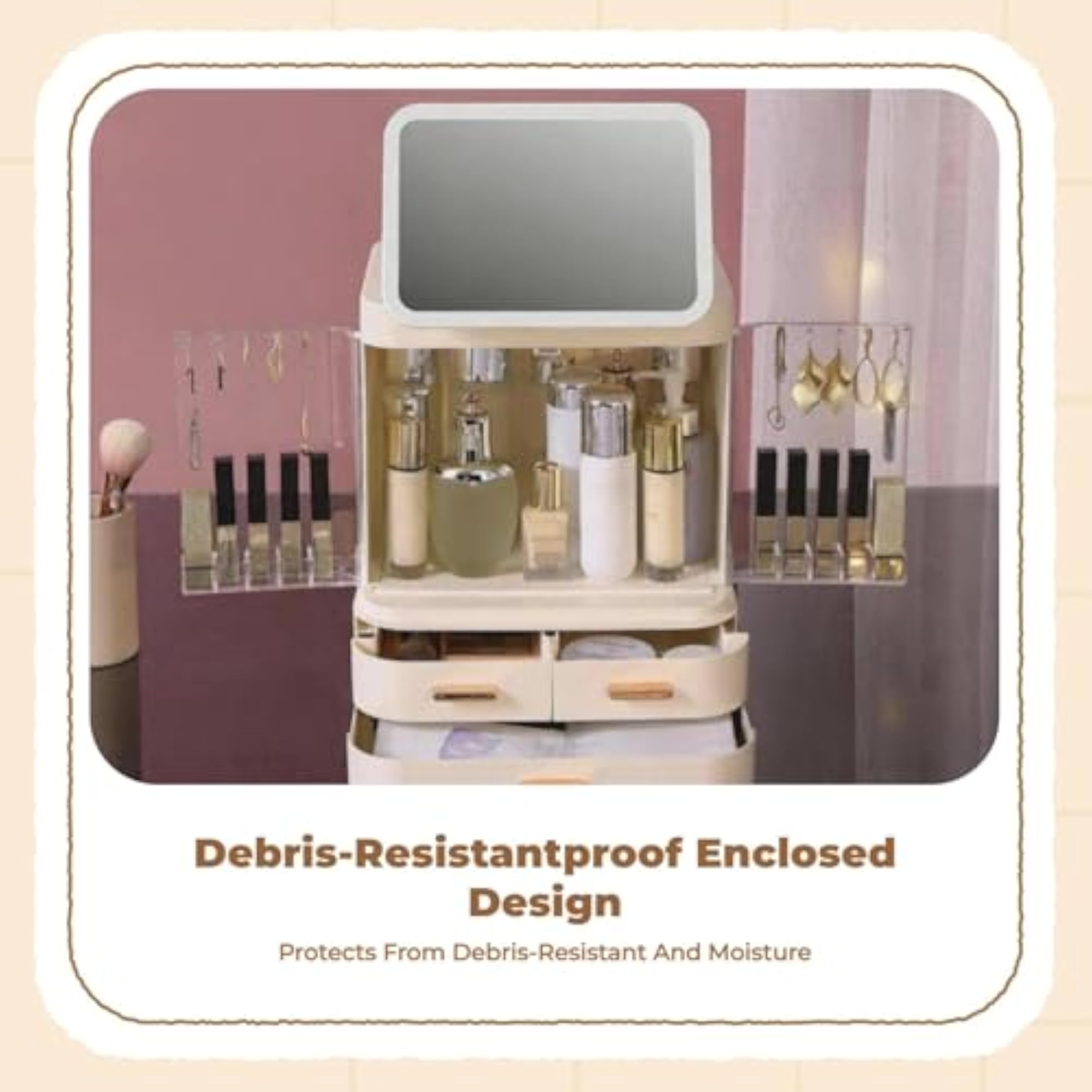 Makeup Organizer with Mirror, Dustproof Cosmetic Storage Box