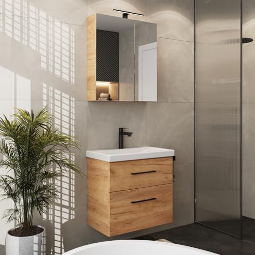 Planetmöbel Ensemble de Meubles de Salle de Bains Lavabo avec Meuble Bas 63 x 60 x 36,5 cm, Armoire de Toilette 60 cm avec Lampe LED (Noir Mat) & Prise de...
