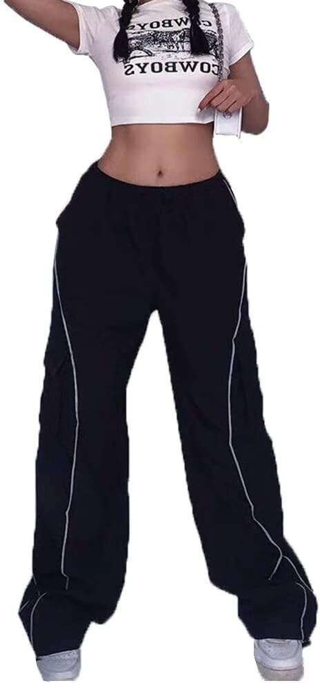 Y2K Parachute Track Pants for Women Low Rise Baggy Wide Leg Cargo Pants for Women - Image 4
