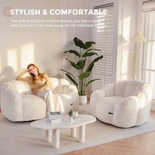 Image of MAXYOYO Bean Bag Chair for Adults, Loveseat Floral Shaped Bean Bag Sofa, Ultra Soft Love Seat Mini Sofa Couch, Faux Fur Reading Chair for Living Room Bedroom, Beige