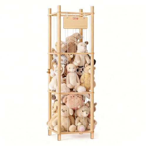 KiddoCood Kids CPC & TIC Certified Stuffed Animal Storage - 3-Tier Large Natural Solid Wood Plush Toy Organizer & Holder Corner Solution for Playroom & Nursery BPA-Free & Zero Glue 52.3 H