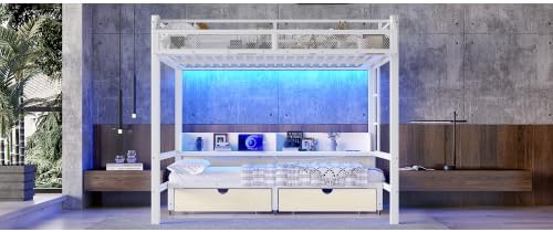 Bellemave Queen Over Queen Metal Bunk Bed with 2 Drawers, Shelves, LED Lights & USB Ports, the Lower Can be Converted into Sofa, Multifunctional Bunk Beds Frame for Kids Teens, White