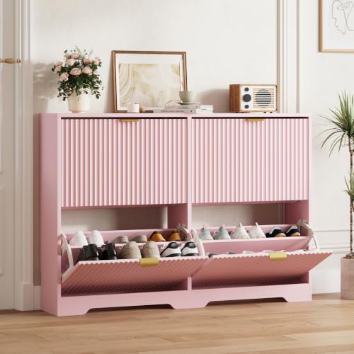 Image of HUANLEGO Shoe Cabinet Storage for Entryway with 4 Flip Drawer, Pink
