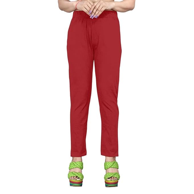 Image of Women's Solid Cotton Lycra Pants-High Waist Slim Fit Stretchable Leggings - Comfortable Long Trousers for Casual, Office & Everyday Wear