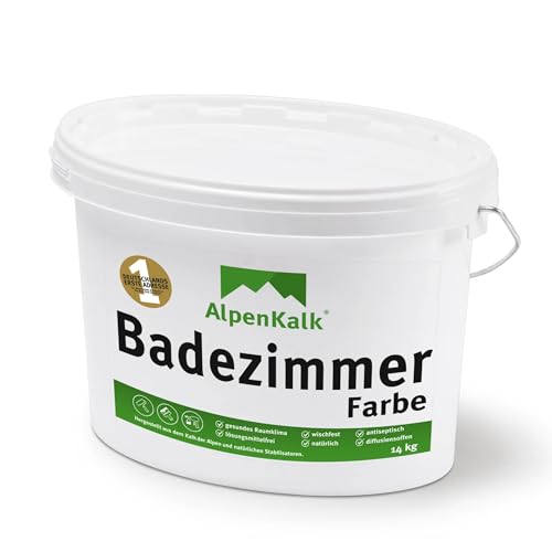 AlpenKalk Weiße Badezimmerfarbe I 14 kg für ca. 55m² I Spezielle Kalkfarbe für Bad & feuchte Räume I Hochdeckend & atmungsaktiv mit Anti-Schimmel Formel I Wischfest & feuchtigkeitsregulierend