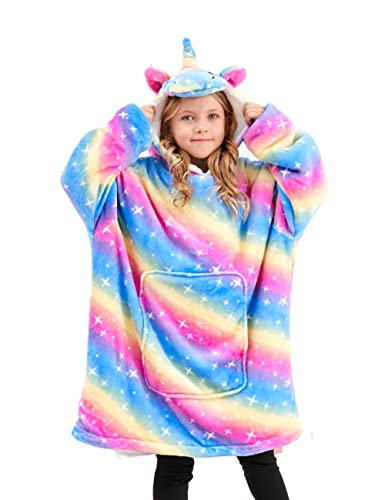 Ceruwum Unicorn Hoodies for Girls, Unicorn Hooded Sweatshirt, Oversized Hoodie Blanket for Kids (Rainbow, 8-9 Years)