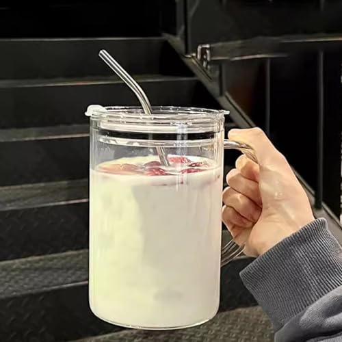 KPMPTVR Glass Water Cup with Handle - 32 oz, Clear Mug with Lid and Straw，Thick Transparent Mug for Coffee, Milk, Juice,Perfect for Office and Live at Home Use