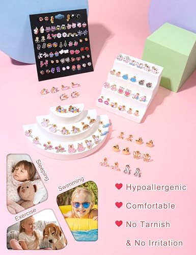 Hypoallergenic Stud Earrings for Girls Women - Cute Stainless Surgical Steel Earring Sets Sensitive Ears Small Colorful Animal Jewelry for Toddler Kids Teens 63 Pairs Age: over 4 years old3