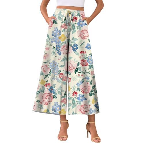 MARSVOVO Summer Flowy Capri Pants for Women Elastic Drawstring High-Waisted Wide-Leg Trousers Palazzo Pants