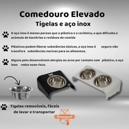 Comedouro Elevado Duplo para Gatos, Tigelas em Aço Inox Removíveis, Base em Alumínio com Pés Antider