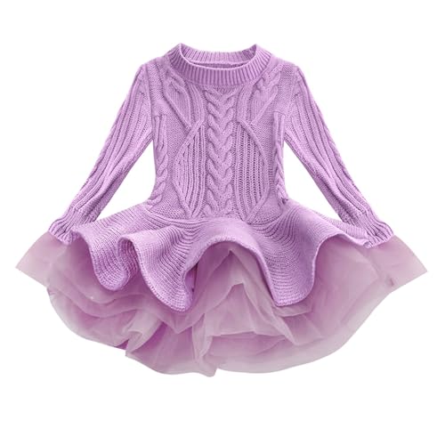 5-6t Girls Pink Sweater Dresses Stylish Ruffle Sweaters Long Sleeves Purple Tutu Dress Knitted Pullover Tops for Kids(Purple,130)