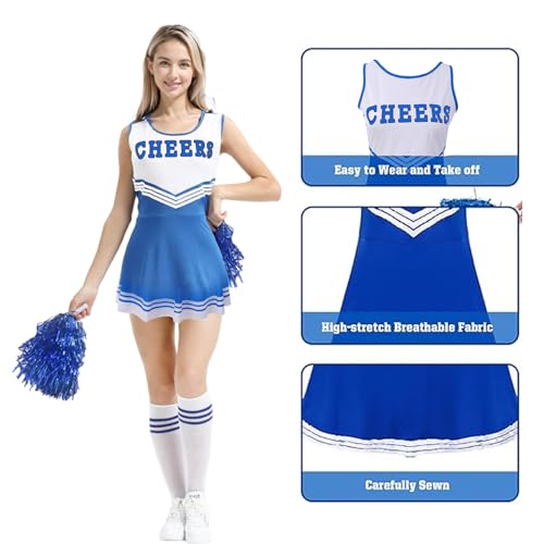MUNSKT Cheerleader-Kostüm, Cheerleader-Outfit mit Pompons, Cheerleader-Kostüm für Damen und Mädchen, Uniform, Highschool-Kleid, Cheerleader-Outfit, Erwachsenenkostüm (Blau, S)