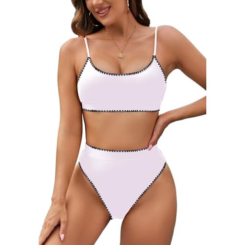 Pink Queen Plus Size High Waisted Bikini Set for Women Two Piece Cheeky High Cut Swimsuit Bathing Suit White M Small 03 - White