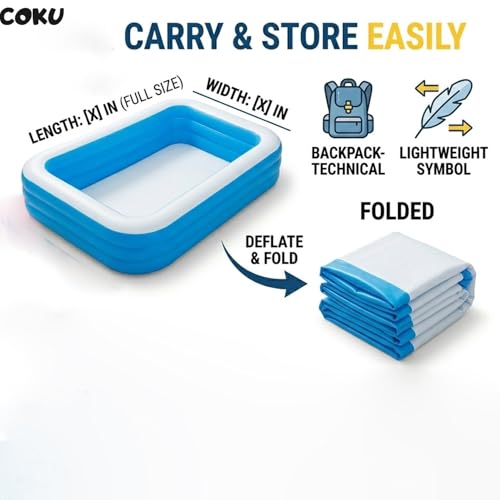 Image of Coku 10 Feet Rectangular Inflatable Swimming Pool for Kids & Adults | 3-Ring Extra Large Family Pool, Thick PVC Foldable Bathtub for Backyard, Garden, Indoor Outdoor Summer Use (Multicolor)