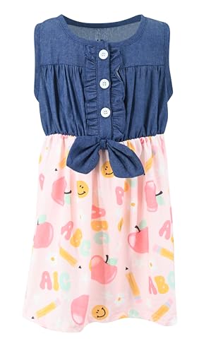 Image of Unique Baby Girls Sleeveless Denim Dress with Knot Tie and Fun Print for Toddler and Big Kids