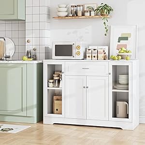   FOTOSOK-Kitchen-Buffet-Cabinet-47-Buffet-Sideboard-with-Glass-Doors-1-Drawer-and-Display-Shelves-Modern-Farmhouse-Coffee-Bar-Console-Table-for-Kitchen-Living-Room-Entryway