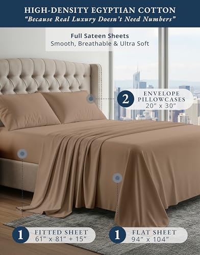 Image of LANE LINEN Full Sheet Set 100% Egyptian Cotton Sateen - Taupe | Full Bed Sheets - 4-Piece Set, For A Luxurious Night's Sleep, For A Silky Hotel-Style Bed, Fade-Resistant & Durable