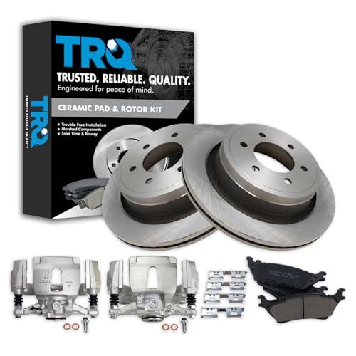 Image of TRQ Rear Brake Pad, Caliper, & Rotor Kit Ceramic Vented Compatible with 2015-2018 Ford F-150