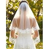 HEREAD Lace Bride Wedding Veil 2 Tier Short Elbow Waist Length Bridal Tulle Veils with Comb for Women (Ivory)