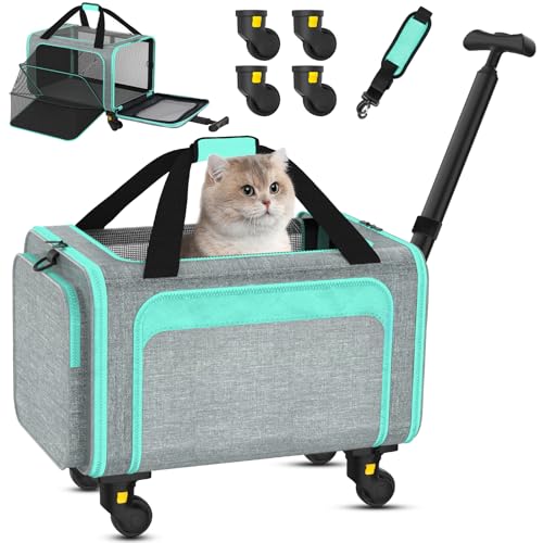 3-in-1 Upgraded Pet Carrier with Wheels, 18" x 11" x 11" TSA Airline Approved, Cat Carrier on Wheels for Small Cats Up to 15Lbs, Rolling Pet Carrier, Cat Soft-Sided Bag for Flying, Travel & Vet
