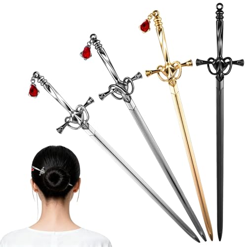 Image of 4PCS Chinese Hair Pin, Hair Stick Pin, Chinese Hair Stick, Chinese Ancient Style Sword Hair Pins, DIY Tassel-Friendly Hair Chopsticks, Retro Hair Sticks for Hanfu Women (Silver, Gold, Black, Matte Black)