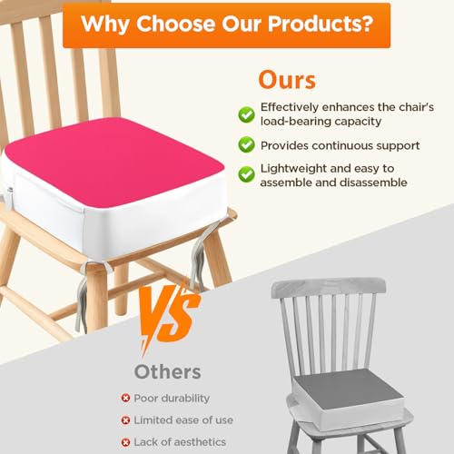 Image of Booster Seat for Kitchen Chair, 3.8 inch Toddler Booster Seats for Dining Table with Ties, PU Dining Booster Seat with Side Pockets, Non-Slip & Removable Booster Seat for Table Increasing Cushion (Pink)