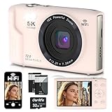 5K-Digitalkamera für Fotografie, 72 MP Autofokus, WiFi-Vlogging-Kamera für YouTube-Video mit 16-fachem Digitalzoom, tragbare Kompaktkamera für Jugendliche, Blitz, 2 Batterien, 32-GB-Karte, Rosa