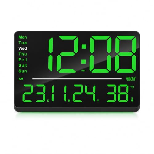 Image of Ajanta Digital Wall Clock with RGB Night Light, Temperature, Calendar and 12 /24H Format (Green, 33 x 22 cm)