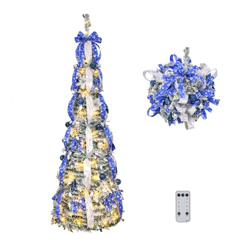 VINGLI 6ft Pre Lit Pop Up Flocked Pencil Christmas Tree with 150 Lights, Fully Decorated Collapsible Holiday Party Decoration (Blue&Silver)