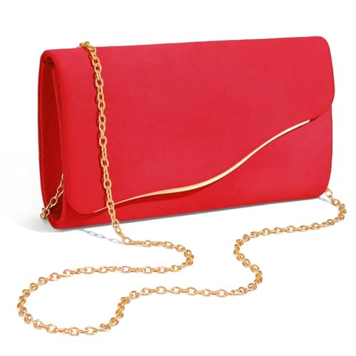 XquiziFit Clutch Purses for Women Formal Evening Clutch with Detachable Chain Faux Suede Purse for Wedding Party Red