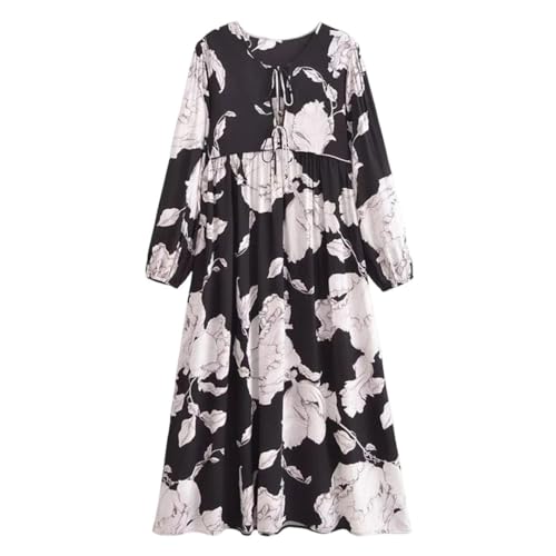 Women Autumn O-Neck Lace Up Matching Print Loose Long Midi