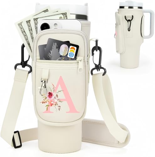 Initial Water Bottle Holder with Strap for Stanley 40 oz Tumbler/Simple Modern 40 oz Tumbler,Water Bottle Carrier Bag with Strap,Personalized A-Z Phone Pocket for Stanley Cup Accessories -  Sernaxi