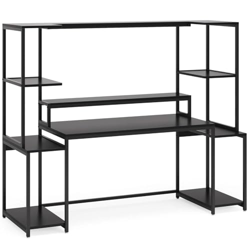 Image of TEKAVO Gaming Table | 180 CM | Gaming Setup Desk with Hutch and Monitor Rise | Computer Table for Home pc | DIY | Black