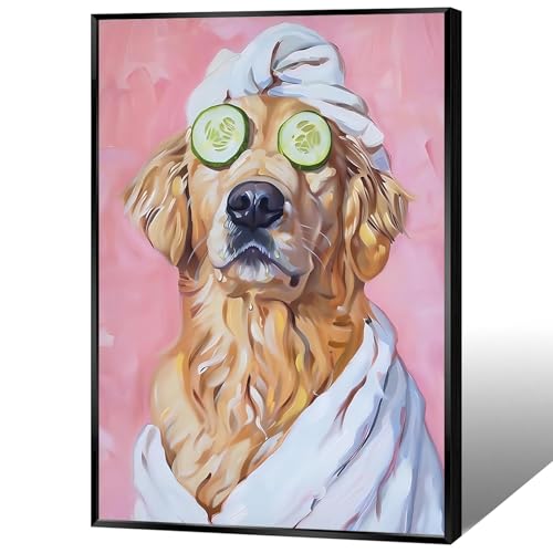 Funny Bathroom Canvas Wall Art Relaxing Golden Retriever Spa Posters Whimsical Dog Grooming Impressionistic Painting Cute Animal Aesthetic Wall Decor For Home Restroom 12x16in Unframed