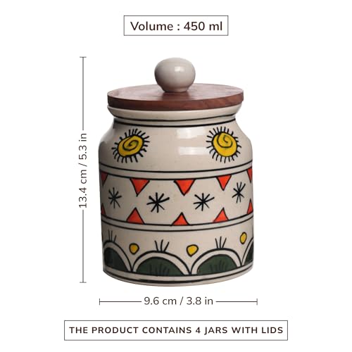 Image of Ceramic Jar & Container for Kitchen Storage Set | Multi Utility Air Tight Kitchen Organizer Items | Tea Coffee Sugar Containers with Wooden Lids (Hand-Painted, 450 ML, Pack of 4)
