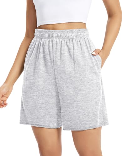 Auriviz Pantalones Cortos de algodón para Mujer, cómodos, Casuales, con cordón, para Entrenamiento, Descanso, Verano, Cintura Alta, con Bolsillos, Gris,Claro, XXL