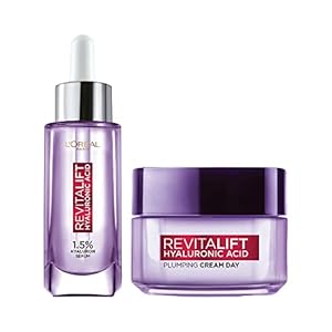 L’Oreal Paris Skincare Routine, Hydrated, Plump Skin Combo, With Hyaluronic Acid, Revitalift Hyaluronic Acid Serum, 15ml + Hyaluronic Acid Plumping Day Cream, 15ml