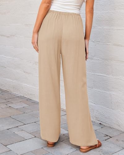 GRAPENT Linen Wide Leg Pants Woman High Waisted Pull On Button Drawstring Baggy Casual Summer Palazzo Pants with Pockets2