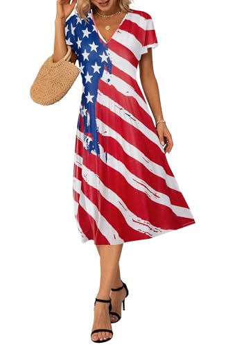 Image of LUKYCILD American Flag Dress Women 4th of July Patriotic Shirt USA Stars Stripes Dresses Sexy V- Neck Summer Sundress