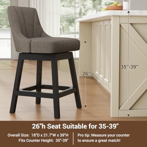 Image of YaFiti 26 inch Fabric Swivel Bar Stools Set of 4 with Back &Wood Leg,Deep Taupe | Linen Fabric, Extra Upholstered Seat, Counter Stool, Square Solid Wood Legs, with Backrest & Footrest, for Kitchen Island Bar