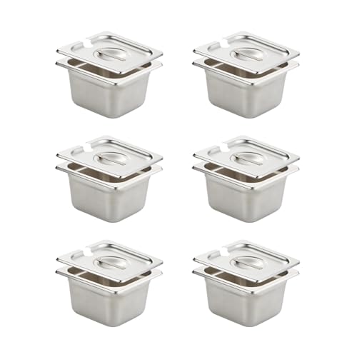 HECMAC 6 Pack Anti-Jam Hotel Pan with Notched Lid, 1/6 Size 4 Inch Deep, Heavy Duty, Commercial Stainless Steel Chafing Steam Table Pan, 23 Gauge